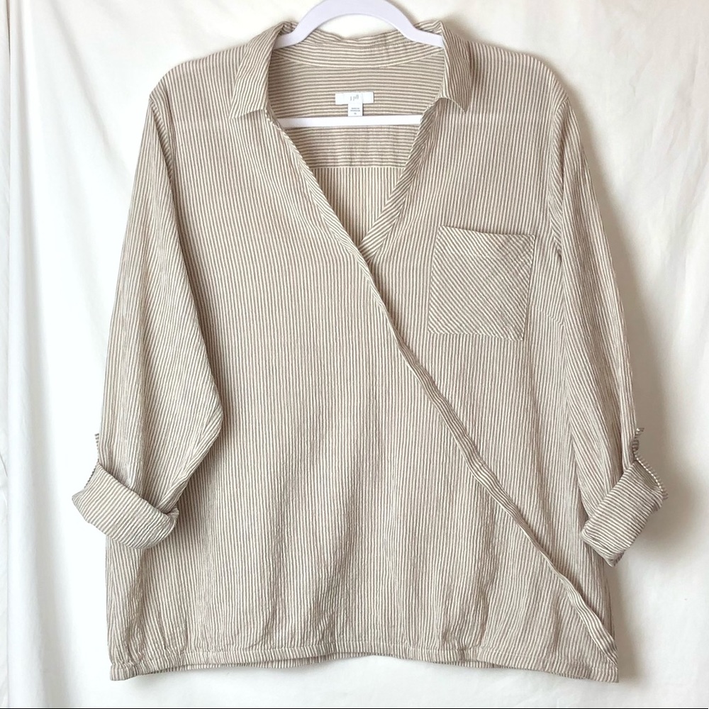 J JILL Collared Ticking Striped Faux Wrap Front Shirt Blouse Long Sleeve Size